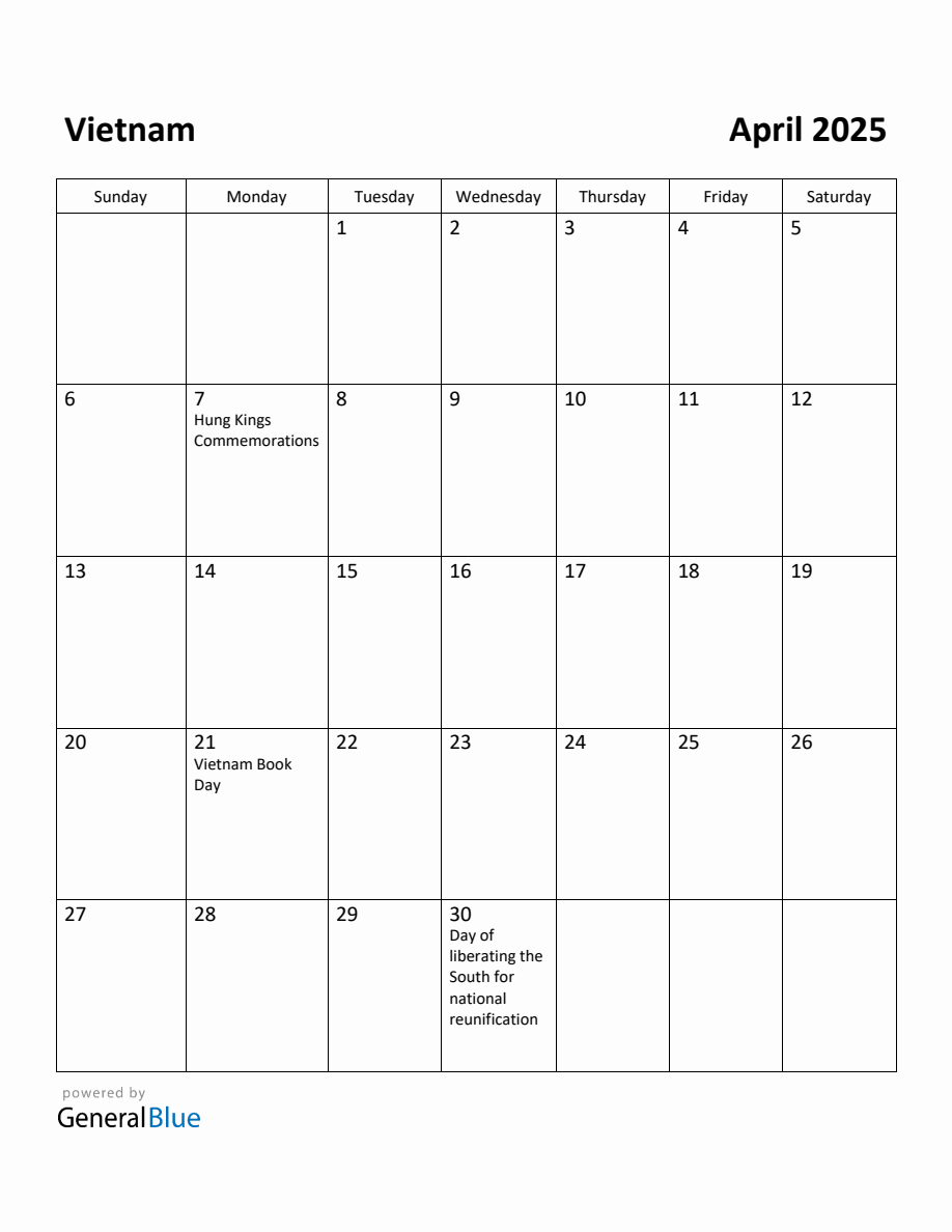 Free Printable April 2025 Calendar for Vietnam