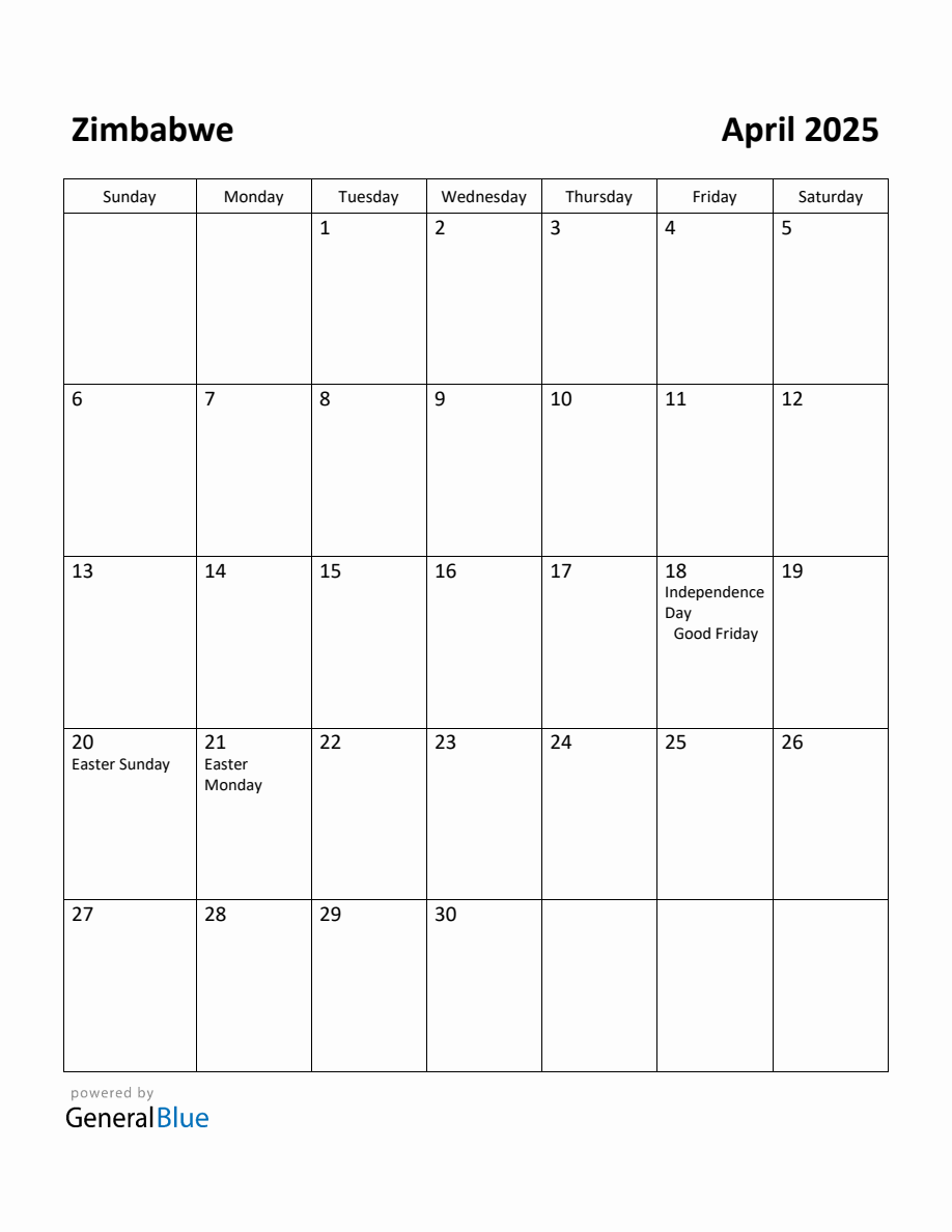 Free Printable April 2025 Calendar for Zimbabwe