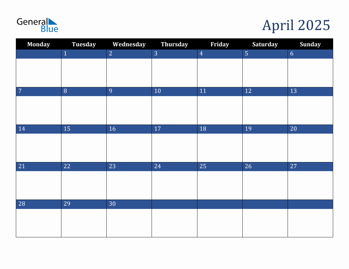 April 2025 Downloadable Monday Start Calendar