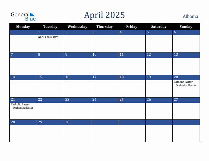 April 2025 Albania Calendar (Monday Start)