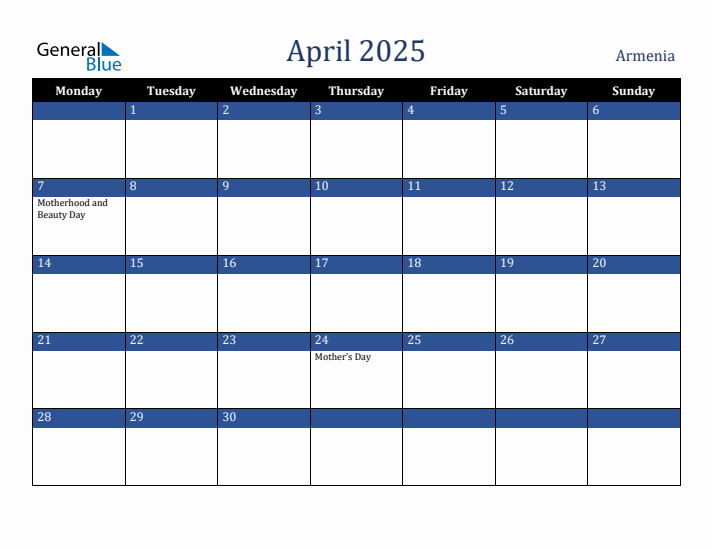 April 2025 Armenia Calendar (Monday Start)