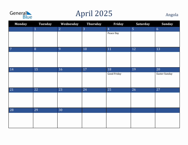 April 2025 Angola Calendar (Monday Start)