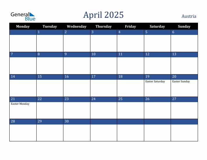 April 2025 Austria Calendar (Monday Start)