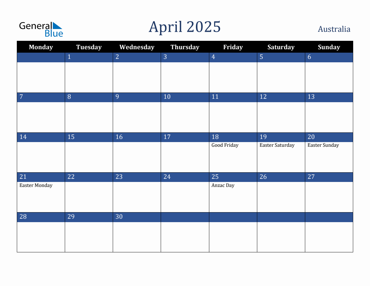 April 2025 Australia Holiday Calendar