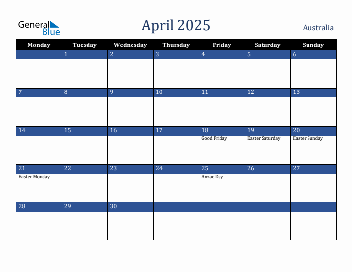 April 2025 Australia Calendar (Monday Start)