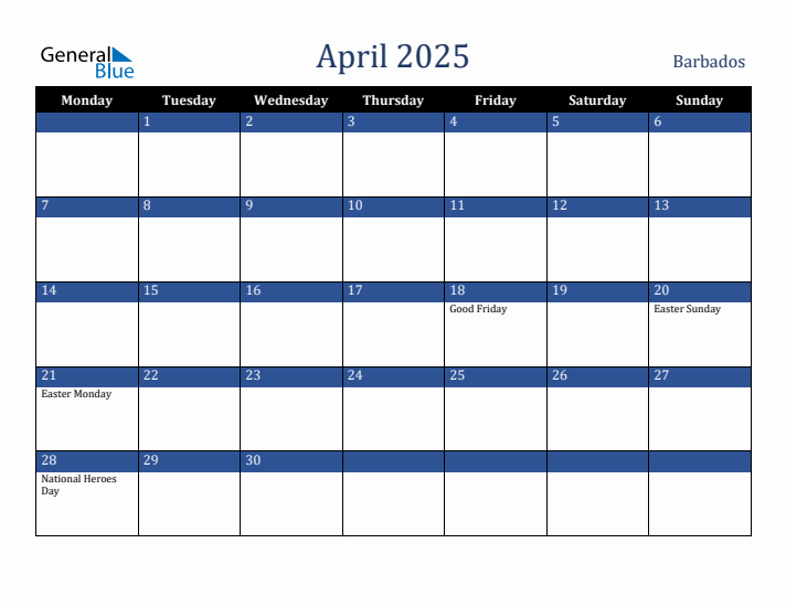 April 2025 Barbados Calendar (Monday Start)