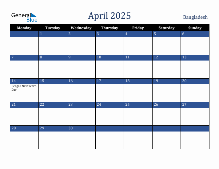April 2025 Bangladesh Calendar (Monday Start)