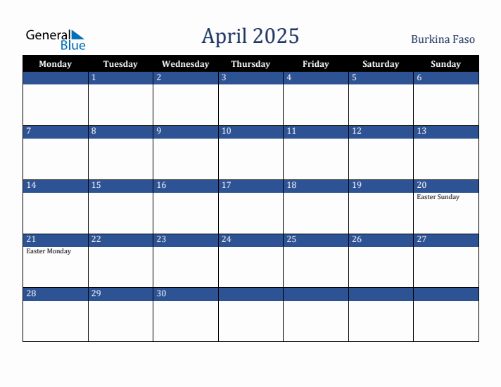 April 2025 Burkina Faso Calendar (Monday Start)