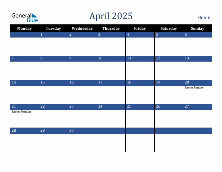 April 2025 Benin Calendar (Monday Start)