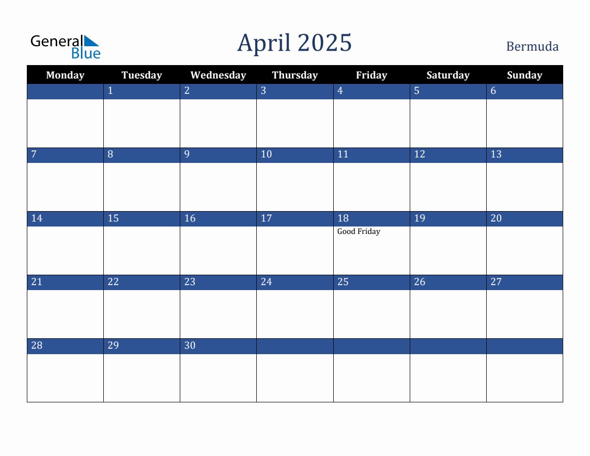 April 2025 Bermuda Holiday Calendar