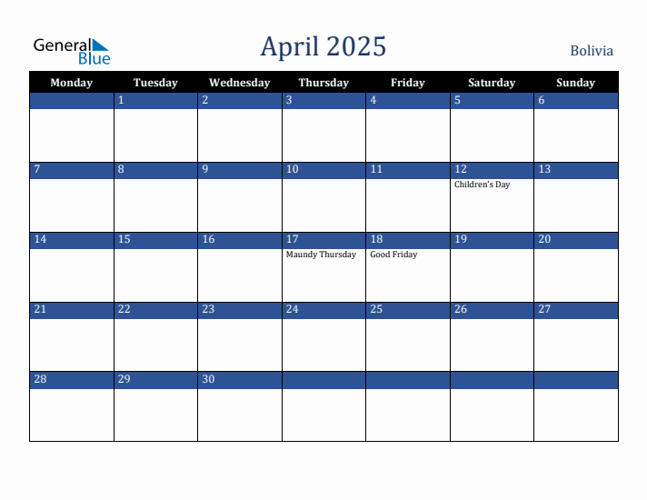 April 2025 Bolivia Calendar (Monday Start)