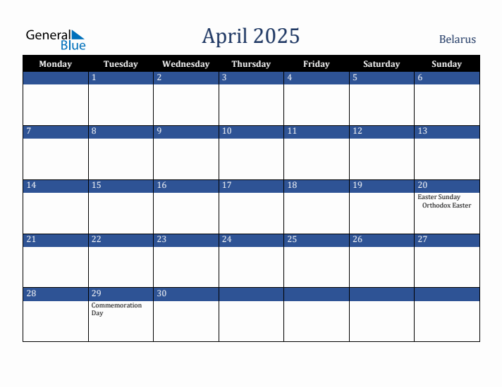 April 2025 Belarus Calendar (Monday Start)