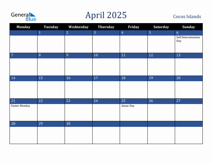 April 2025 Cocos Islands Calendar (Monday Start)