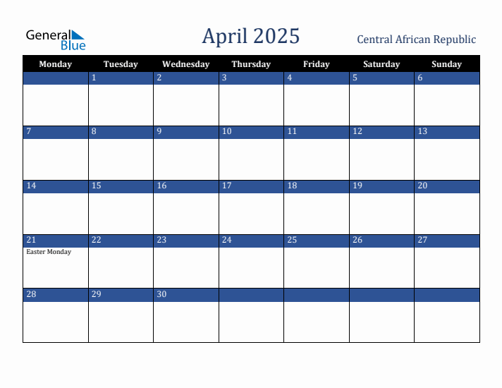 April 2025 Central African Republic Calendar (Monday Start)