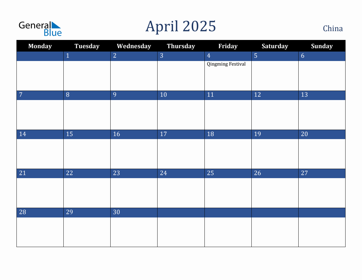 April 2025 China Holiday Calendar