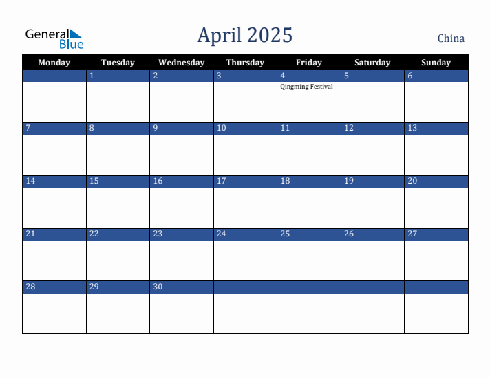April 2025 China Calendar (Monday Start)