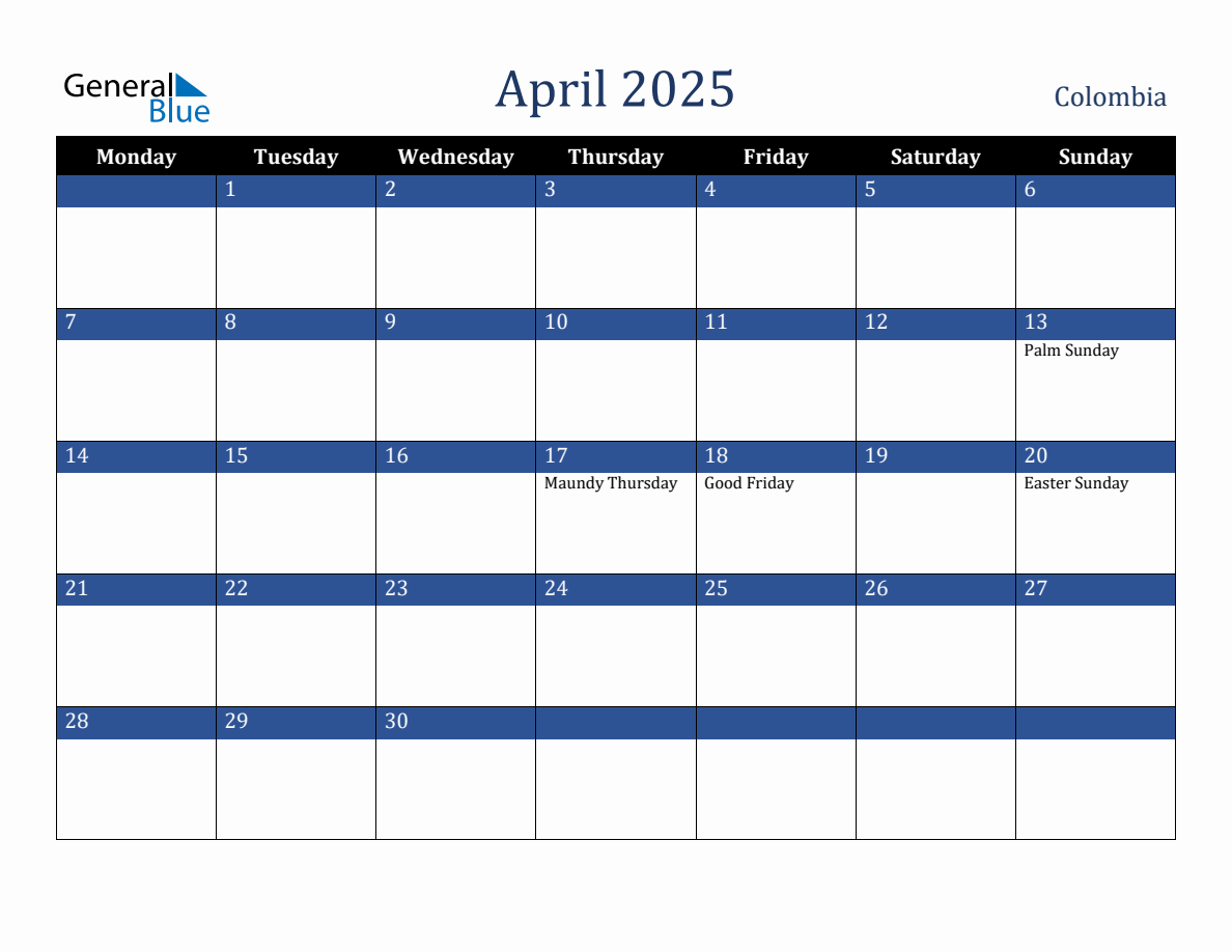 April 2025 Colombia Holiday Calendar