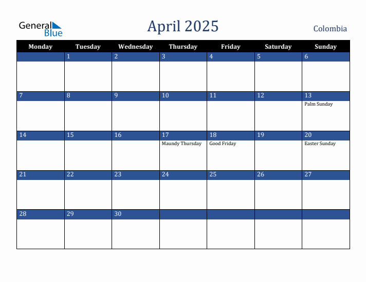 April 2025 Colombia Calendar (Monday Start)