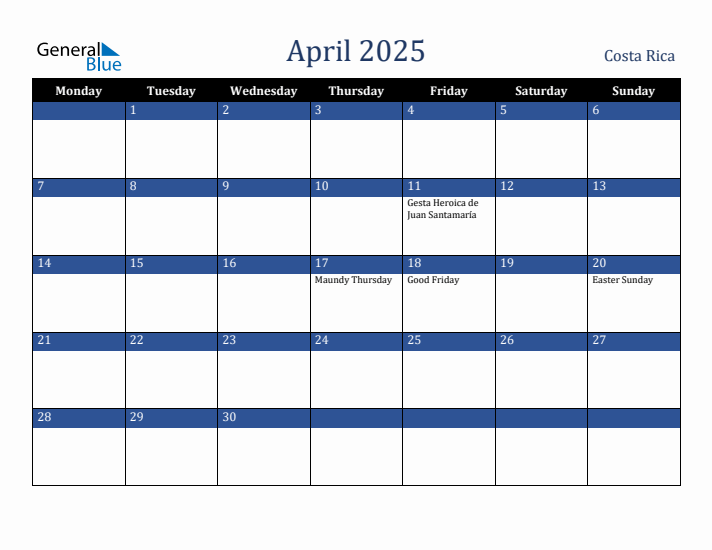 April 2025 Costa Rica Calendar (Monday Start)