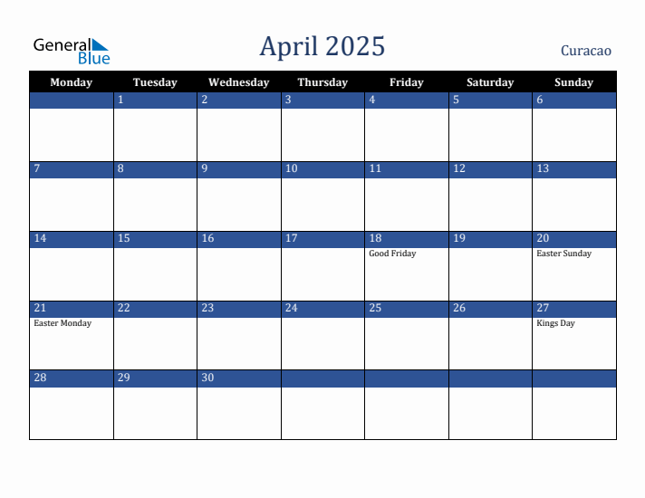April 2025 Curacao Calendar (Monday Start)