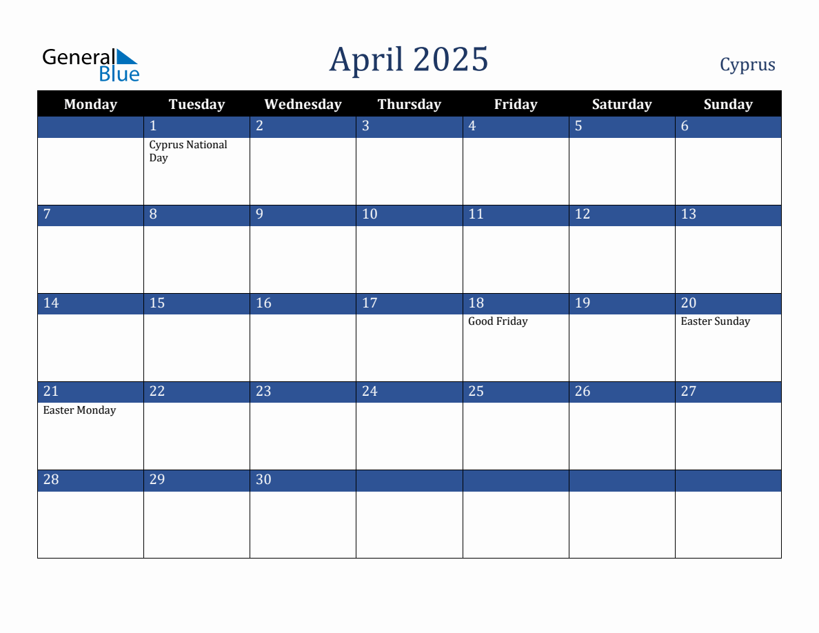 April 2025 Cyprus Holiday Calendar