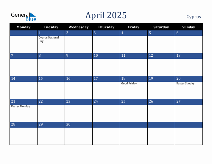 April 2025 Cyprus Calendar (Monday Start)