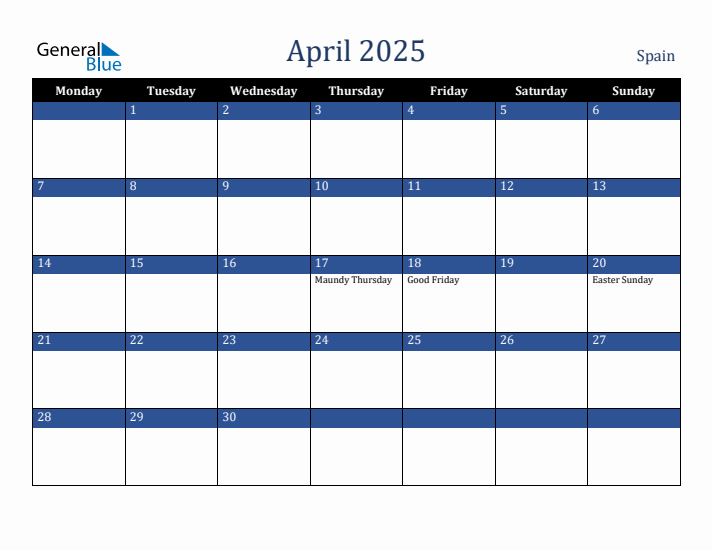 April 2025 Spain Calendar (Monday Start)