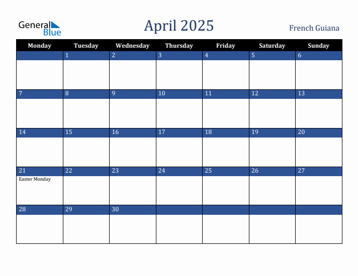 April 2025 French Guiana Calendar (Monday Start)