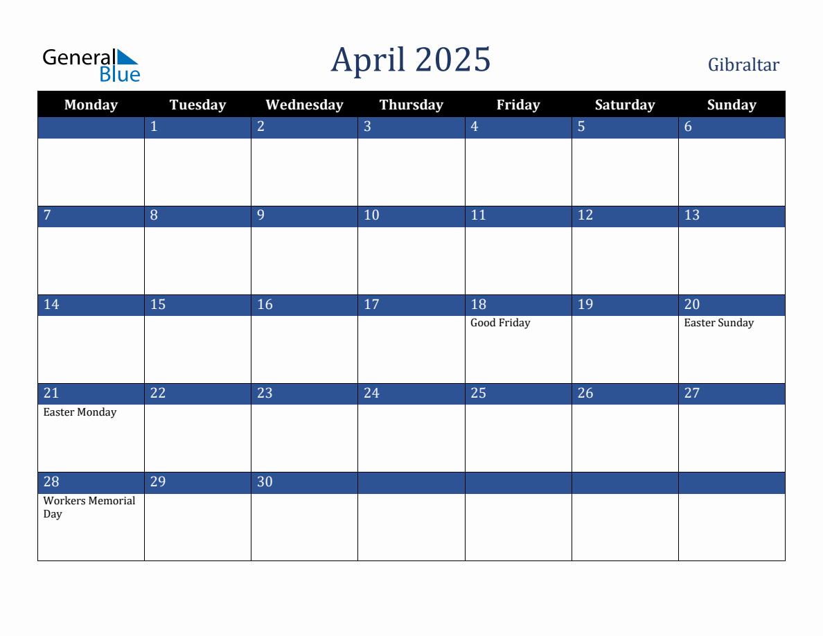 April 2025 Gibraltar Holiday Calendar