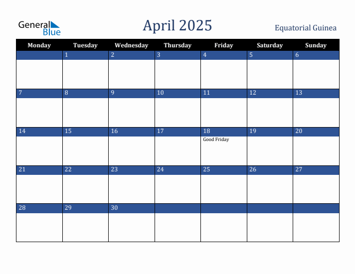 April 2025 Equatorial Guinea Calendar (Monday Start)
