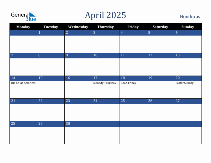 April 2025 Honduras Calendar (Monday Start)