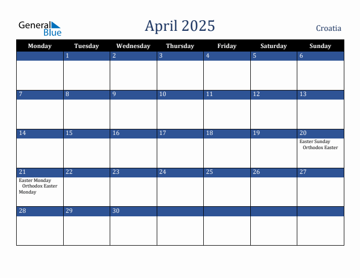 April 2025 Croatia Calendar (Monday Start)