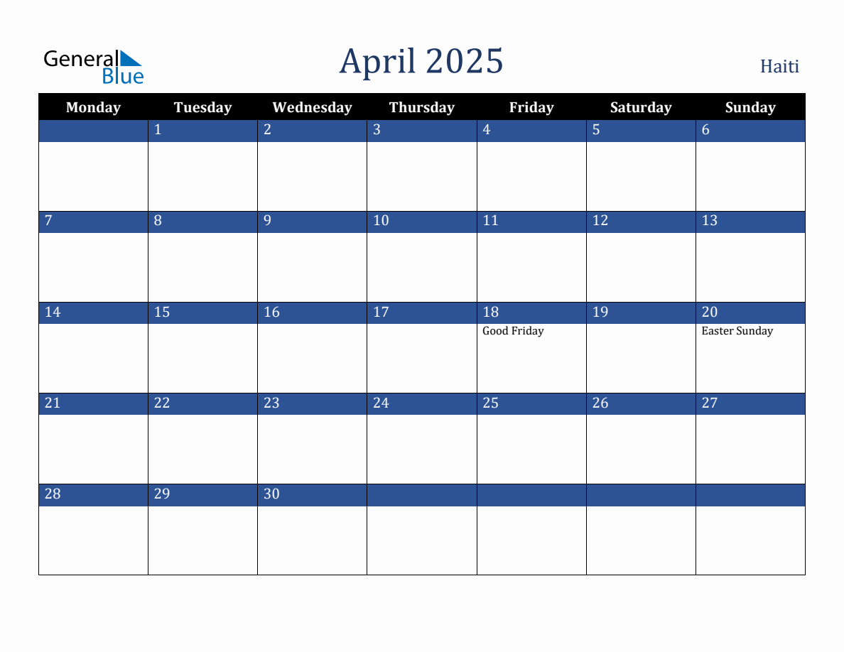 April 2025 Haiti Holiday Calendar