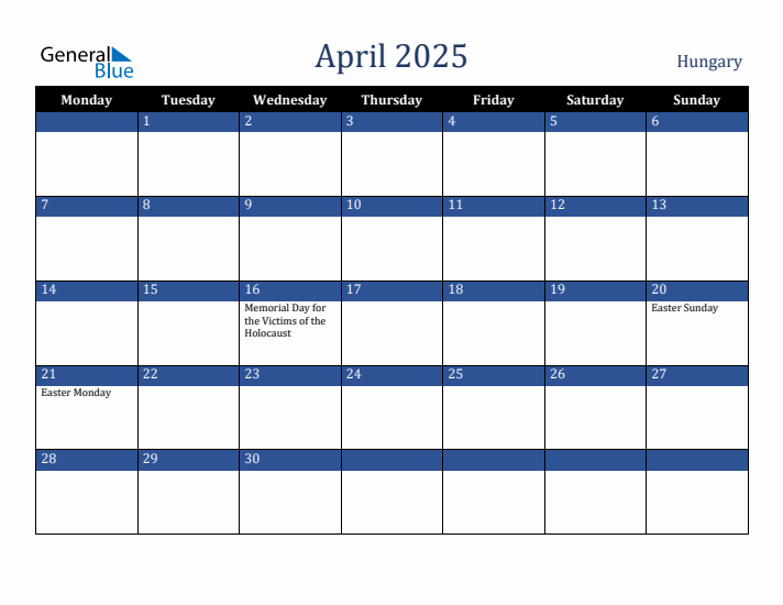 April 2025 Hungary Calendar (Monday Start)