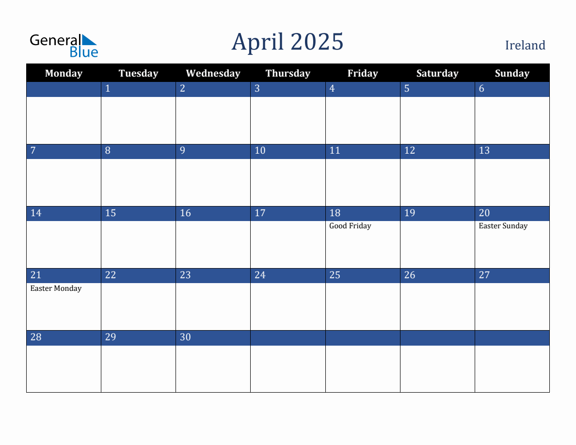 April 2025 Ireland Holiday Calendar