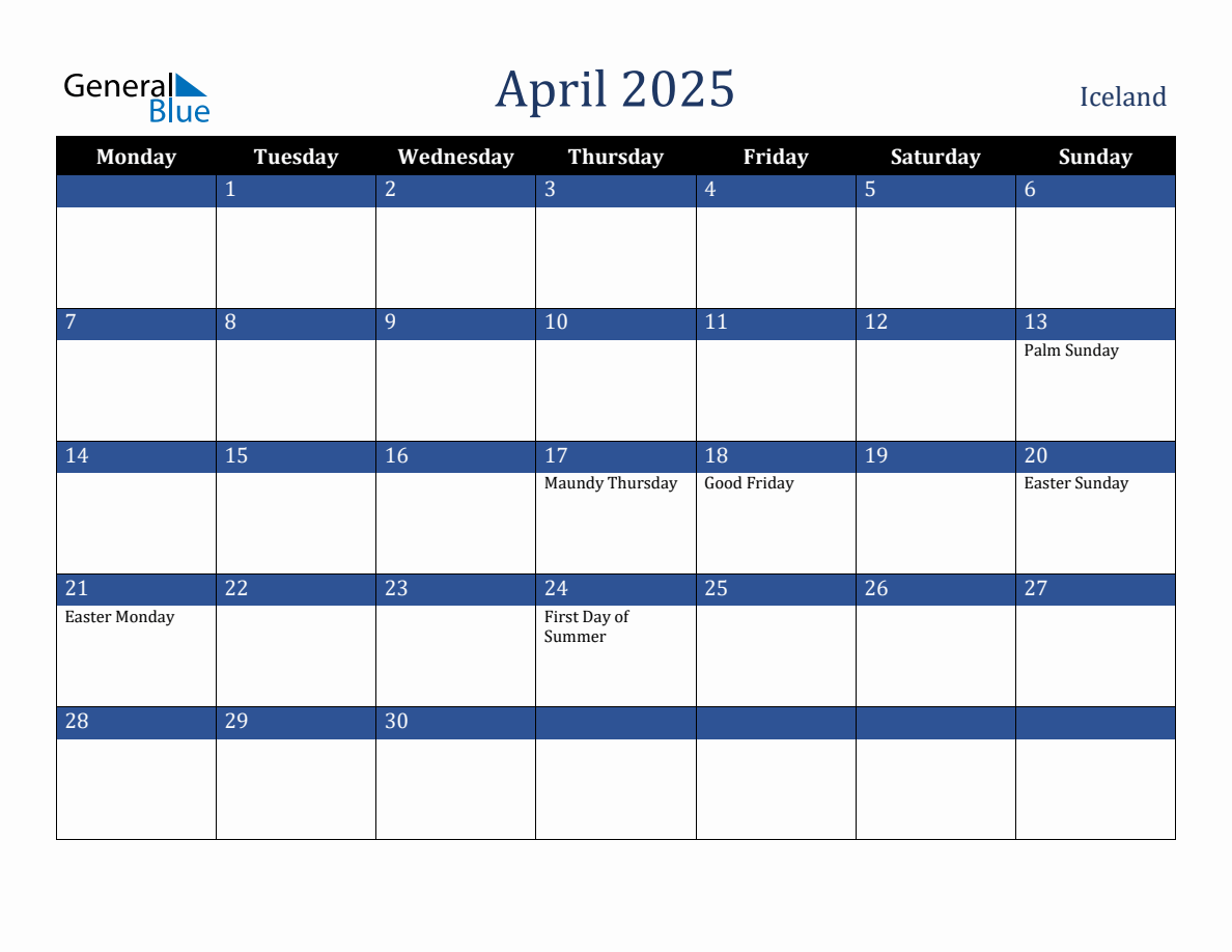 April 2025 Iceland Holiday Calendar