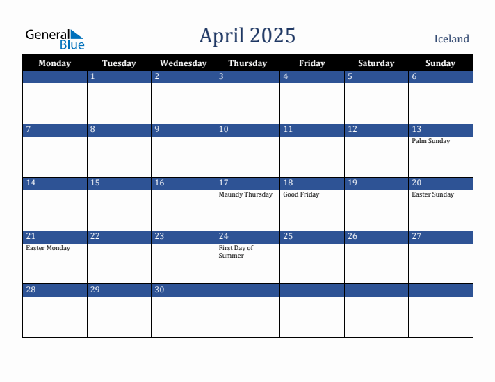 April 2025 Iceland Calendar (Monday Start)