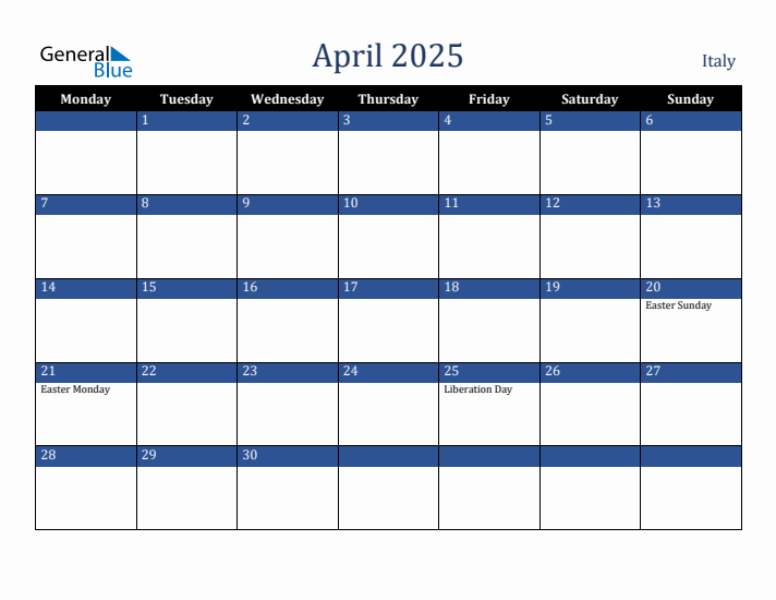 April 2025 Italy Calendar (Monday Start)