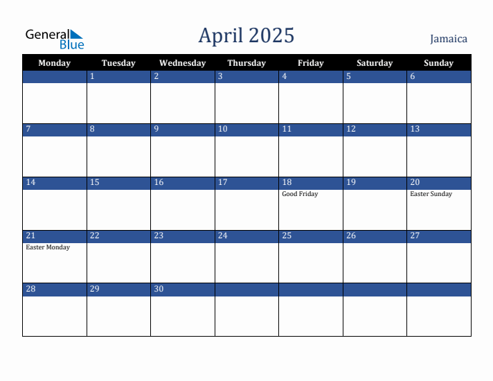 April 2025 Jamaica Calendar (Monday Start)