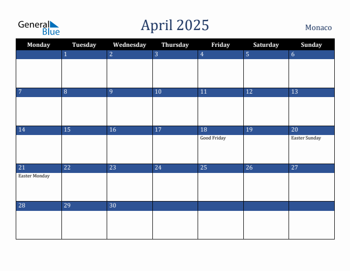 April 2025 Monaco Monthly Calendar with Holidays