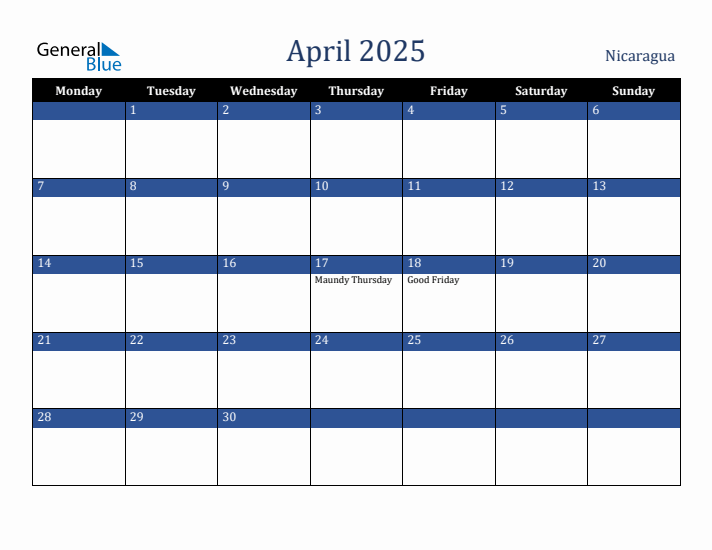 April 2025 Nicaragua Calendar (Monday Start)