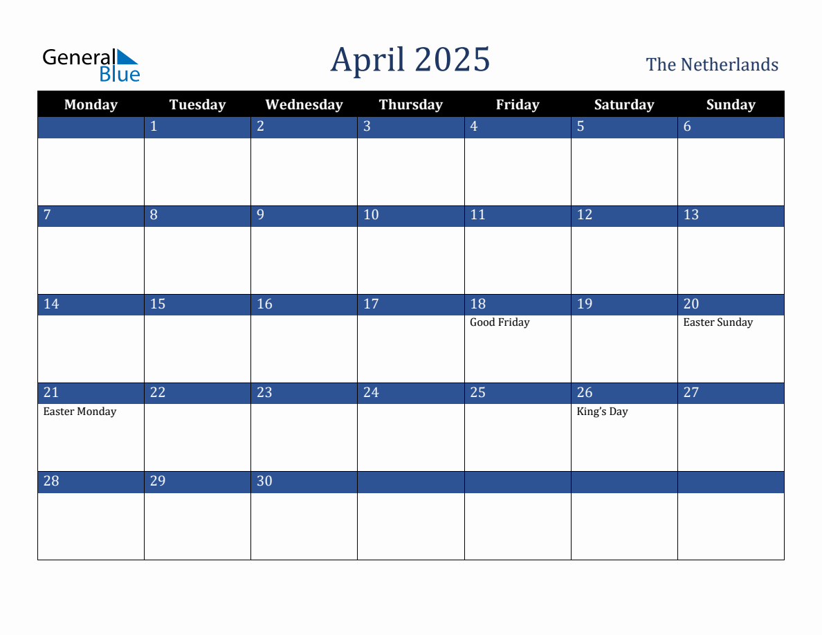 April 2025 Netherlands Holiday Calendar