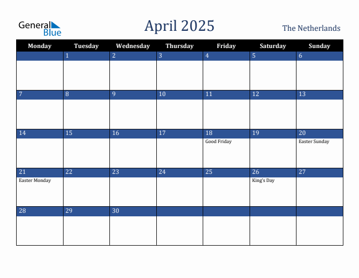 April 2025 The Netherlands Calendar (Monday Start)