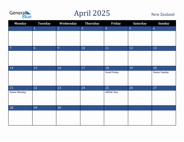 April 2025 New Zealand Calendar (Monday Start)