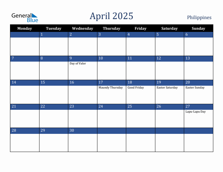 April 2025 Philippines Calendar (Monday Start)