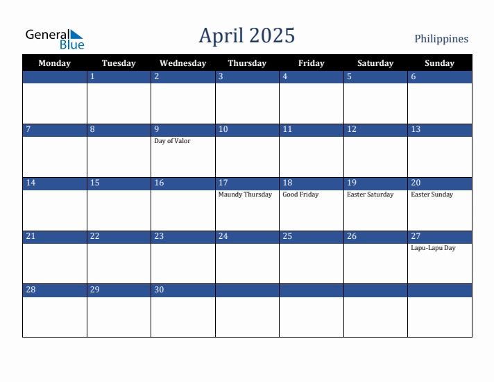 April 2025 Philippines Monthly Calendar with Holidays