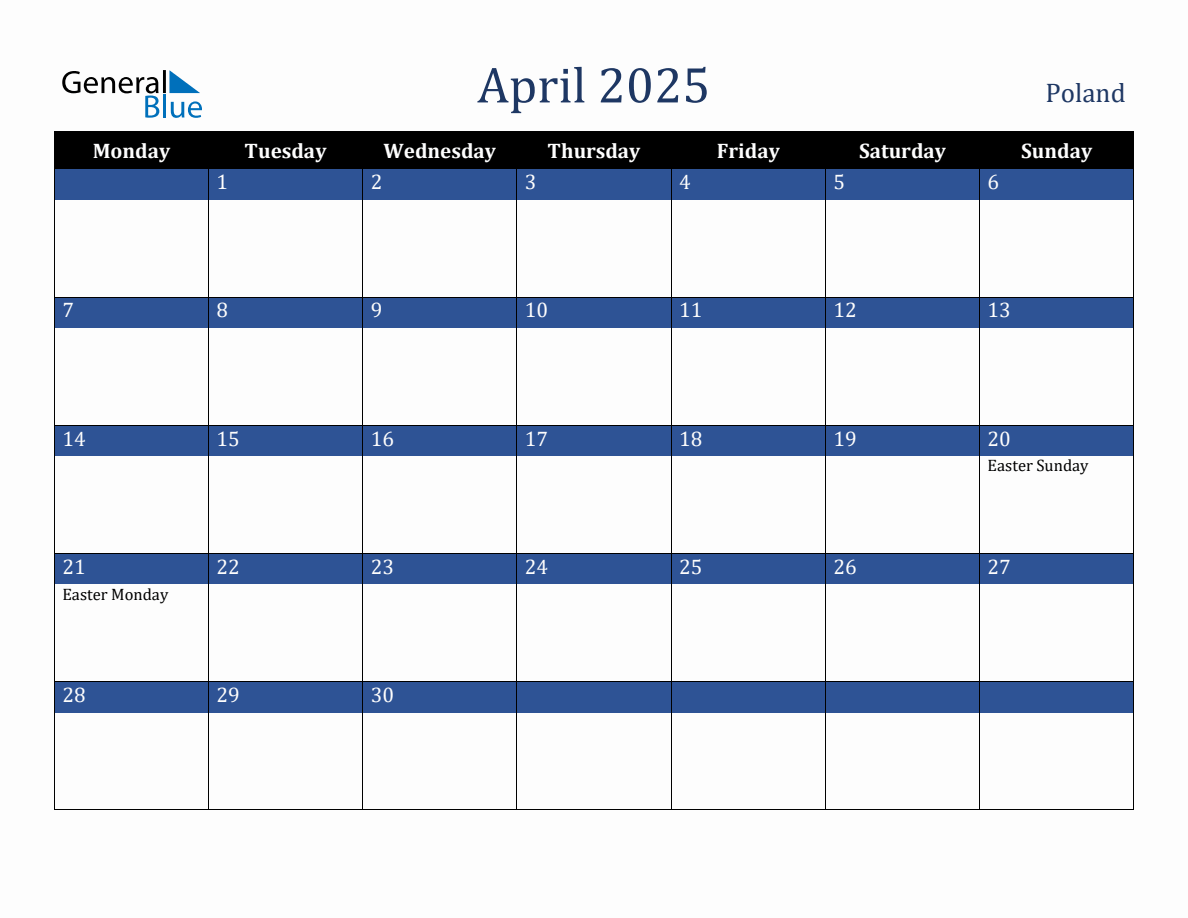 April 2025 Poland Holiday Calendar
