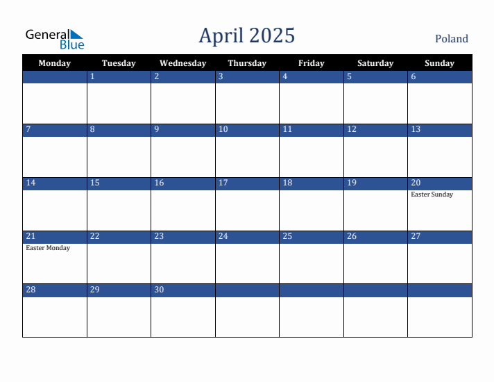 April 2025 Poland Calendar (Monday Start)