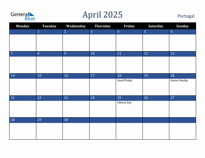 April 2025 Portugal Calendar (Monday Start)