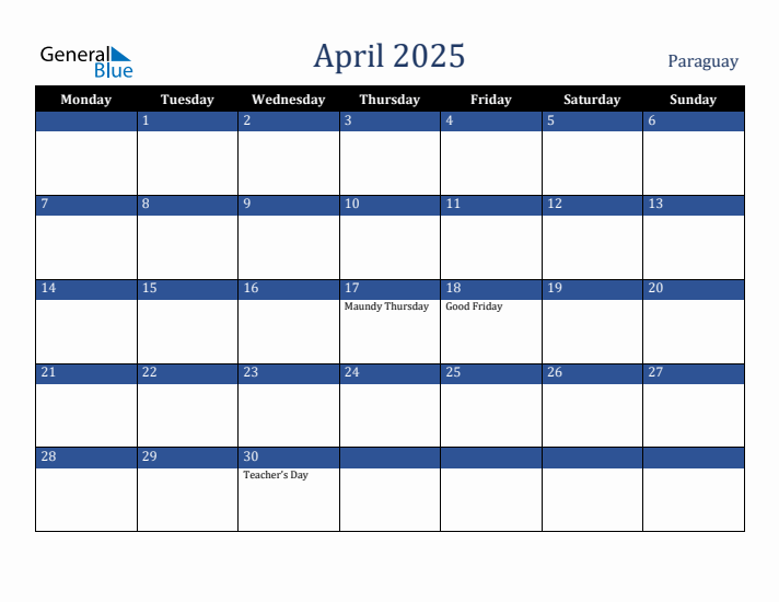 April 2025 Paraguay Calendar (Monday Start)